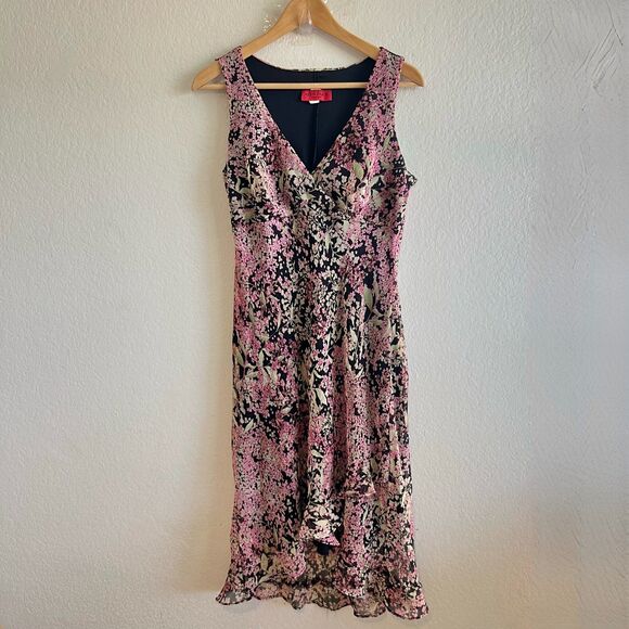 ALYN PAIGE Vtg 90s V-Neck Ruffle Floral Black Sleeveless Midi Dress Women 7/8 - Picture 1 of 6